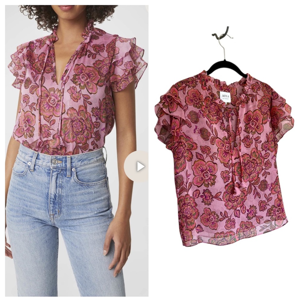 MISA Los Angeles Maria chiffon blouse in Amaranth Floral print short sleeve XS